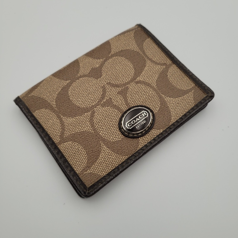 Coach Signature Monogram Canvas Slim Card Case Bifold Wallet Brown
